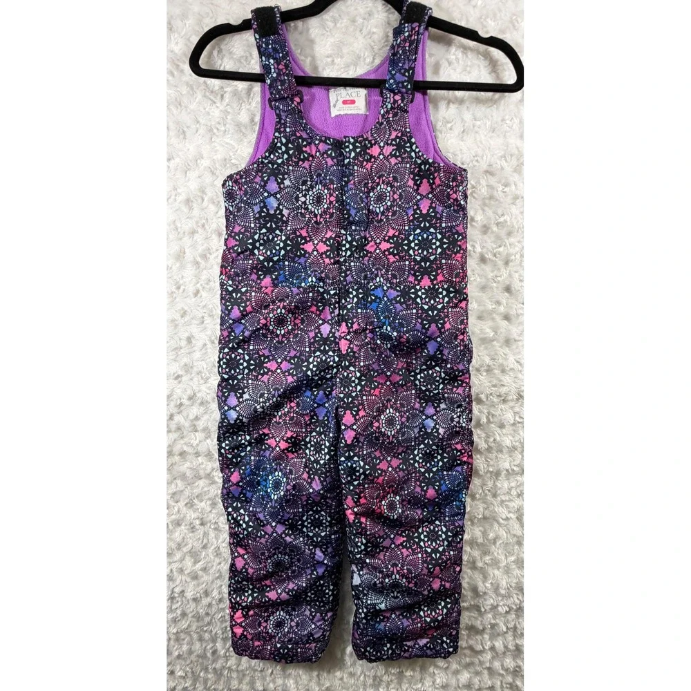 The Childrens Place Girls 5T Snow Bibs Purple Pink Blue Geometric Print Overalls